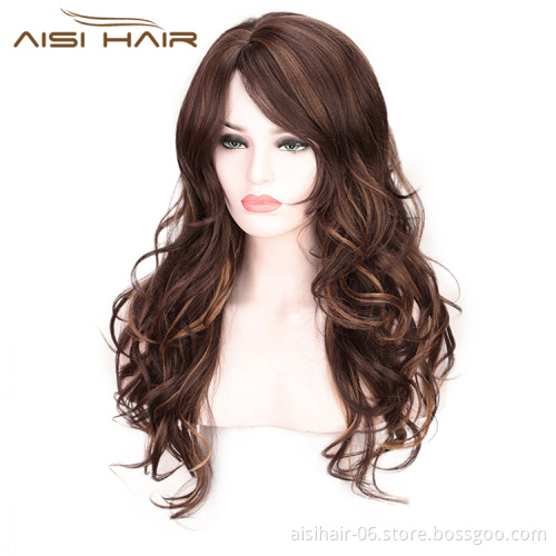 Body Wave Wig High Temperature Mixed Brown Long Synthetic Hair Wig For Black Women Cosplay Wigs